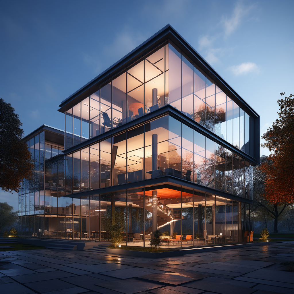 Verwaltungsgeb&auml;ude &ndash; Visualisierung Office bei Abendstimmung