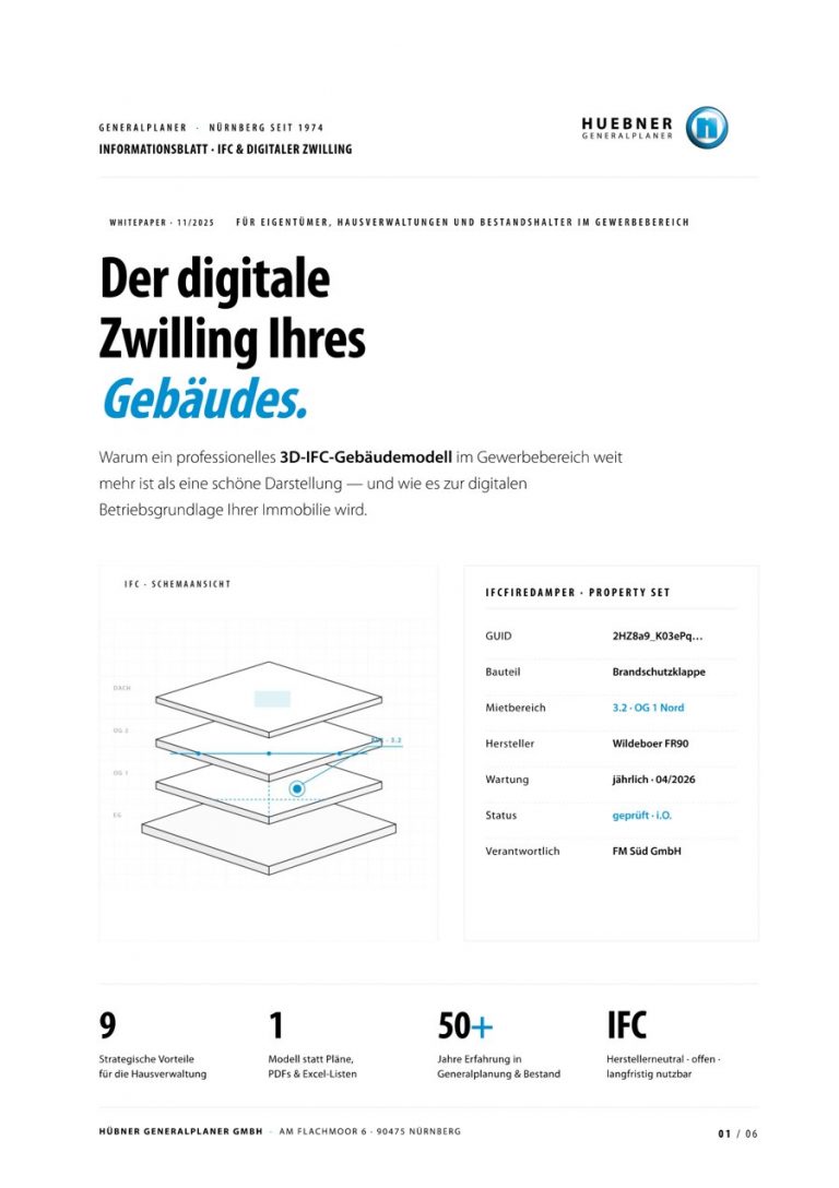 Whitepaper-Deckblatt: Der digitale Zwilling Ihres Gebäudes – IFC & digitaler Zwilling im Gewerbebau
