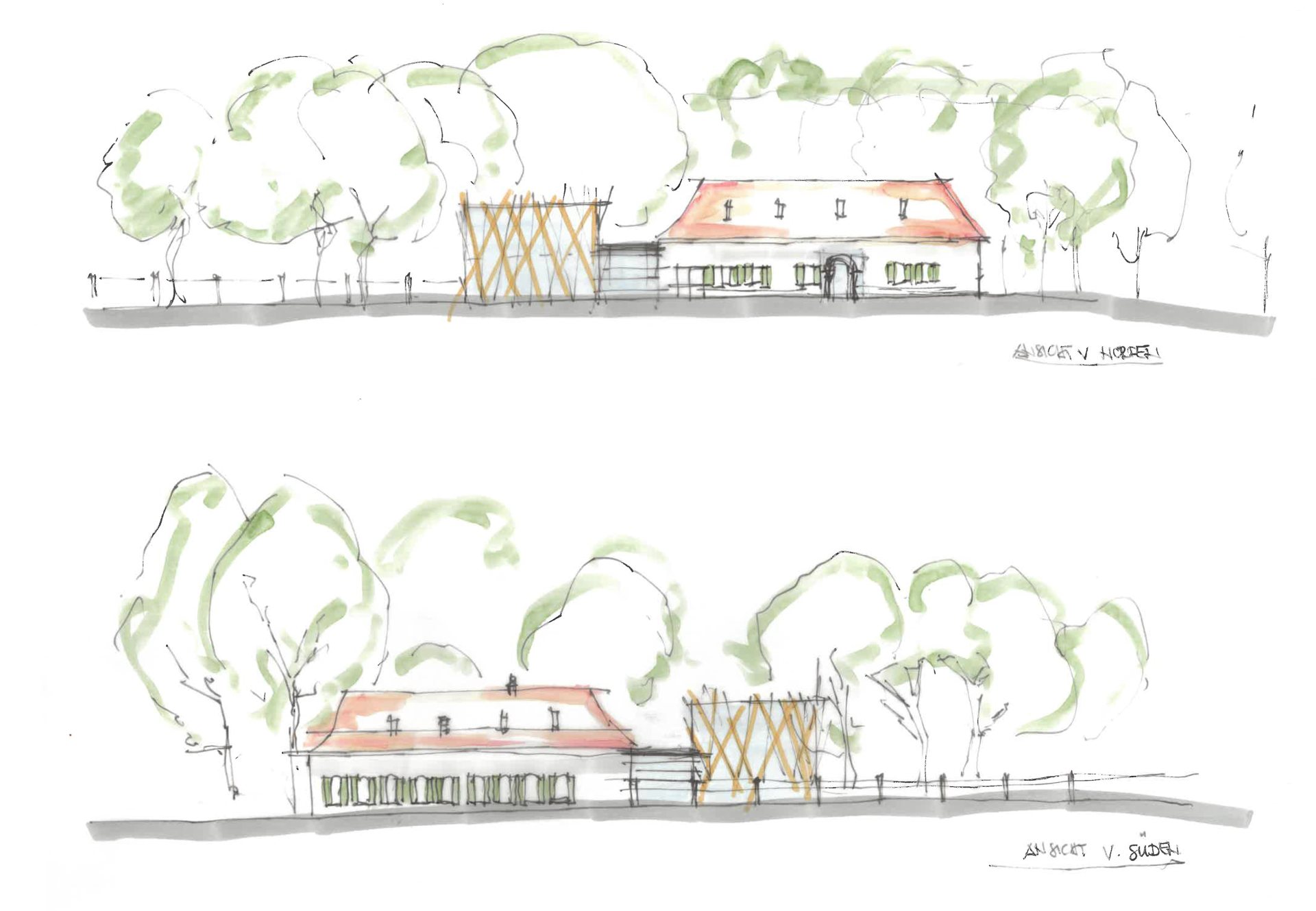 Entwurfsskizze Ansichten Appelhof mit Orangerie und Neubau