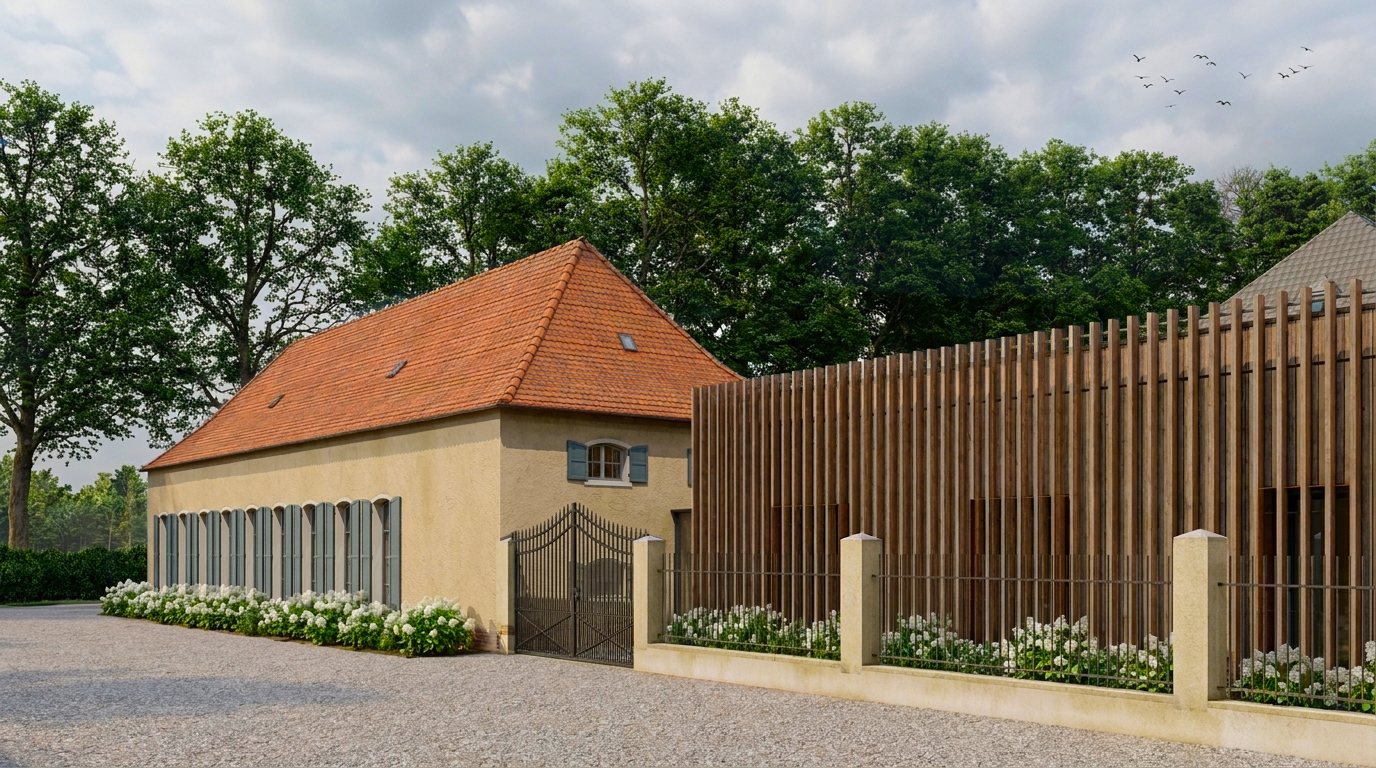 Visualisierung Neubau mit Holzlamellenfassade neben der Orangerie am Appelhof