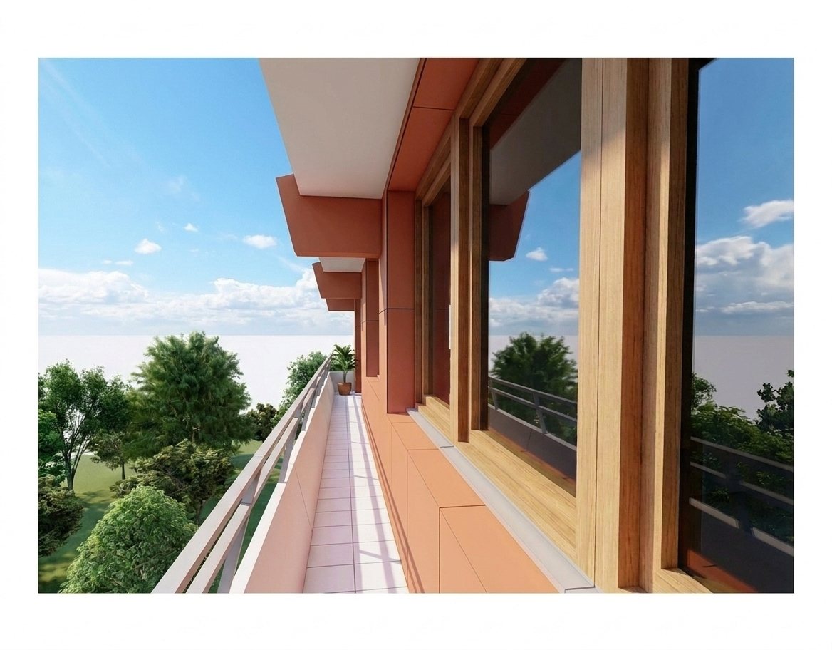 Visualisierung sanierter Balkon mit neuem Gel&auml;nder &ndash; Hochhaus Europakanal