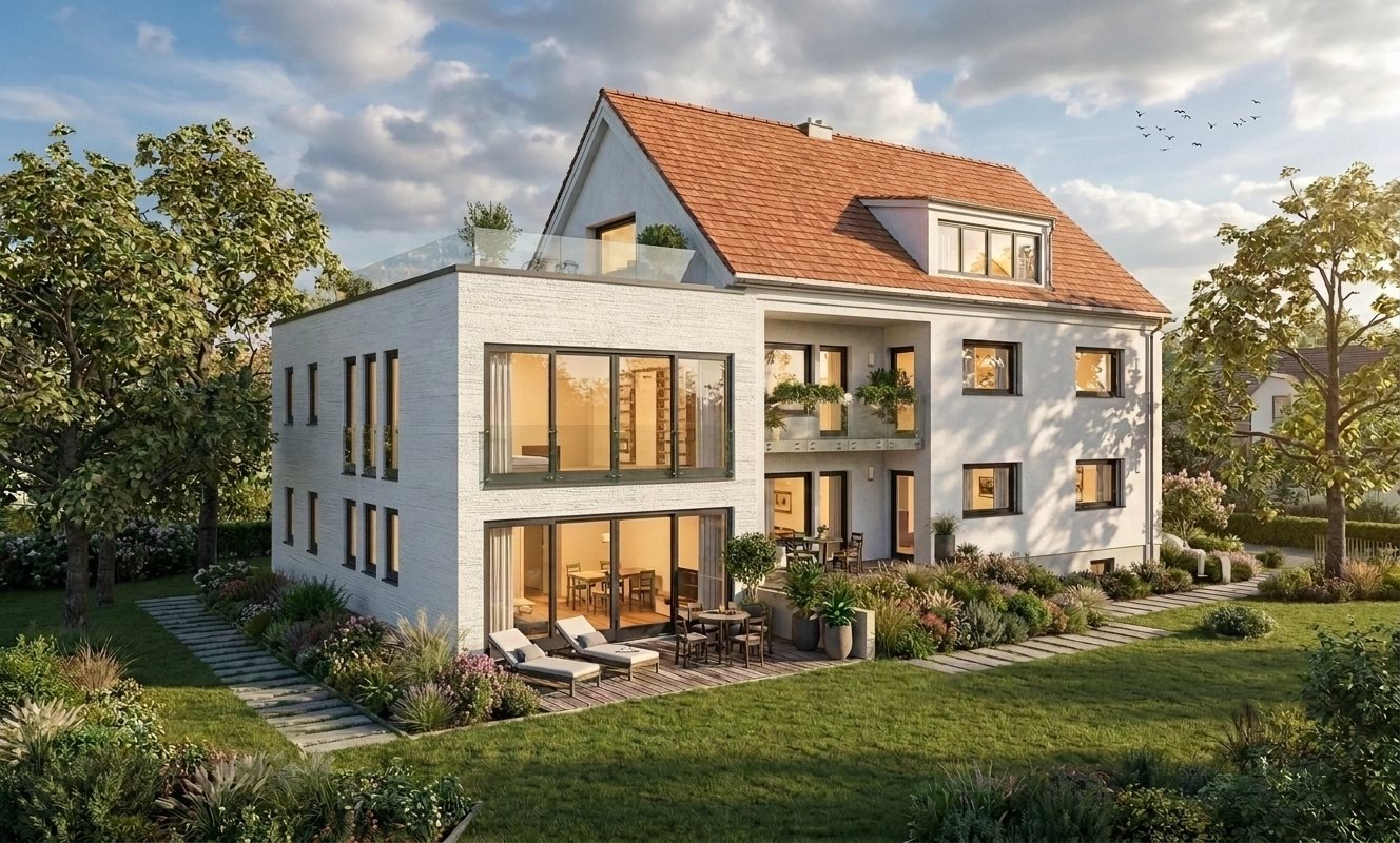 Visualisierung Erweiterung Mehrfamilienhaus Kirchenweg 18 mit modernem Anbau