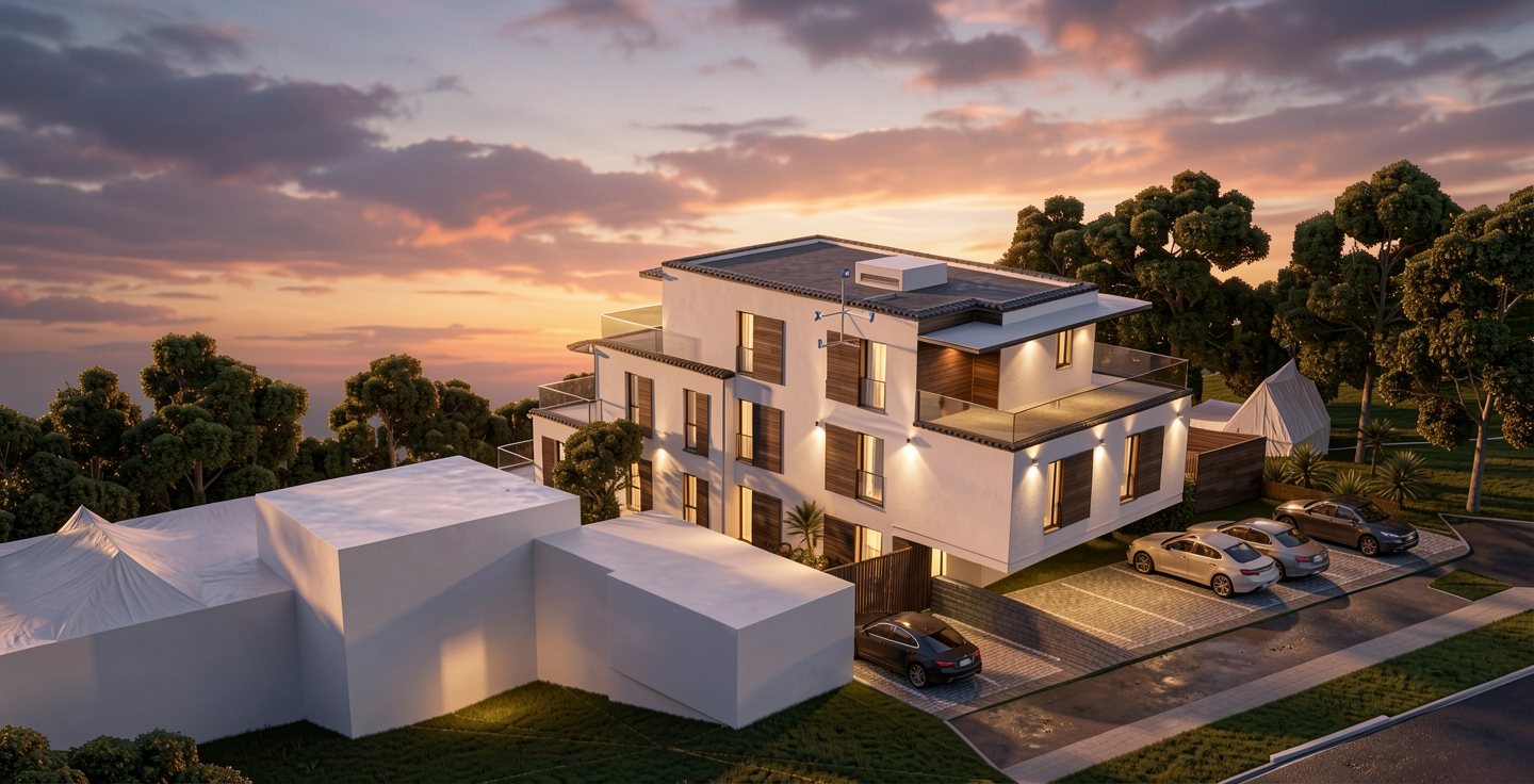 Visualisierung Mehrfamilienhaus am Schwarzachhang – Ansicht in der Abendstimmung